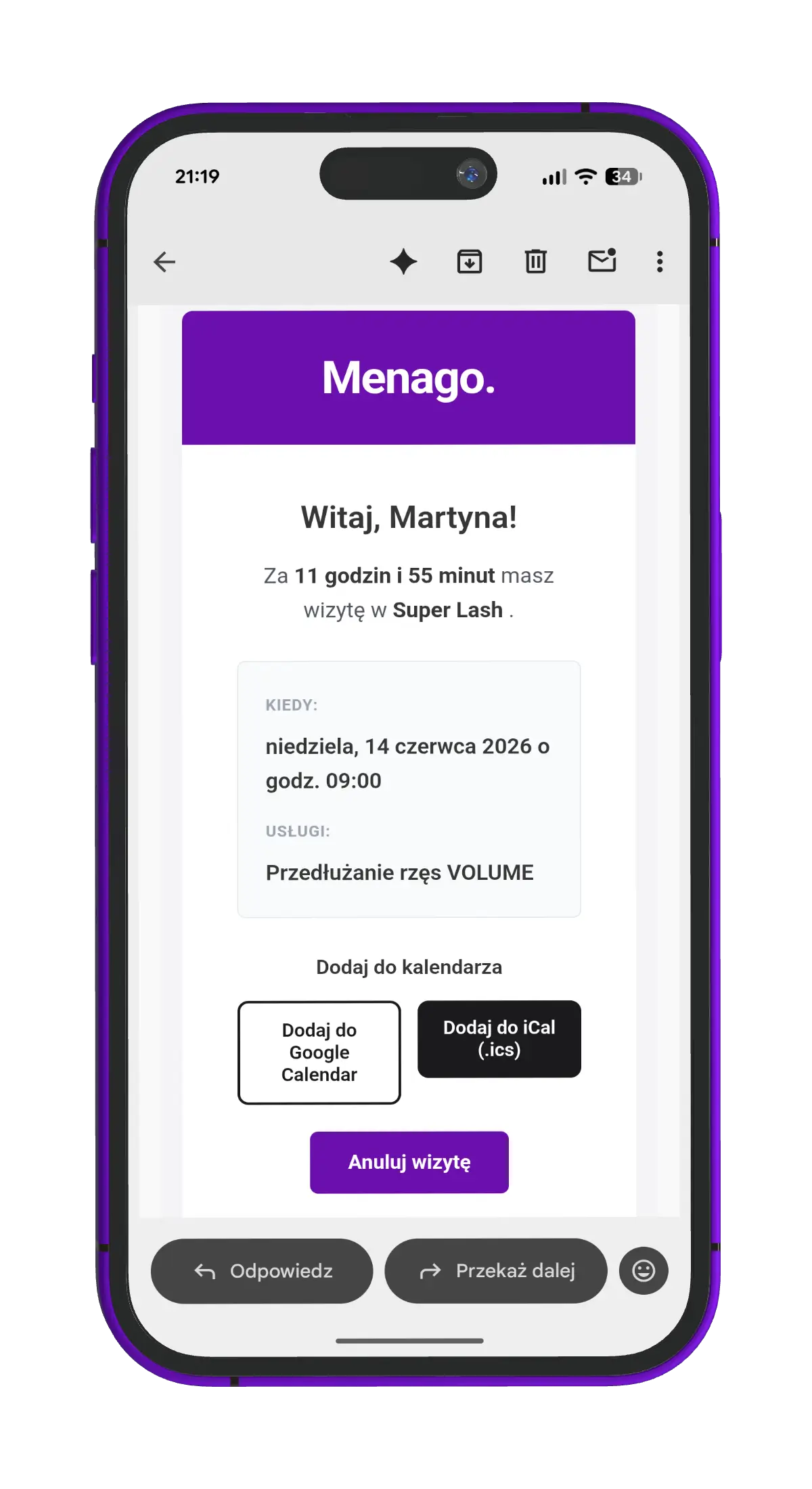 Automatyczne przypomnienie SMS lub e-mail o wizycie w Menago